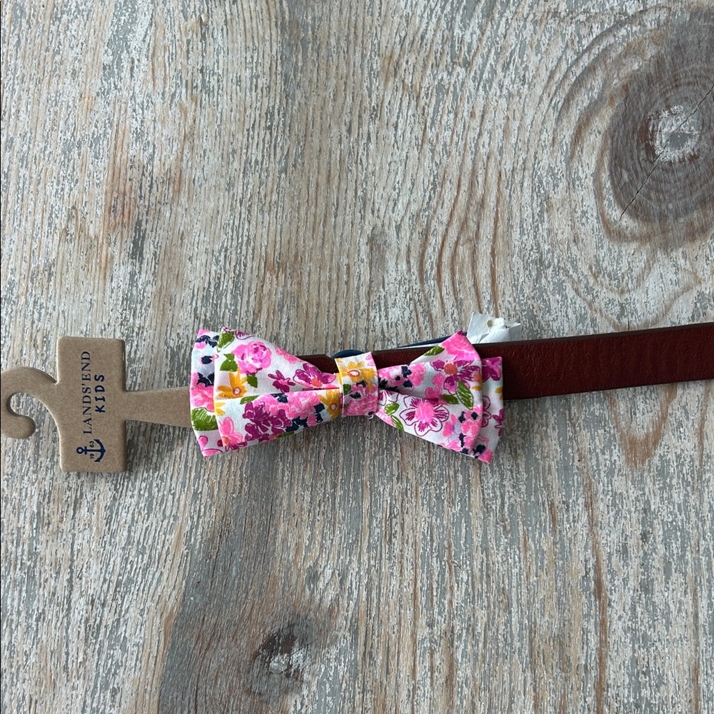 Lands' End Kids Floral Bow Tie Brown Leather Belt - Pink, White, Yellow